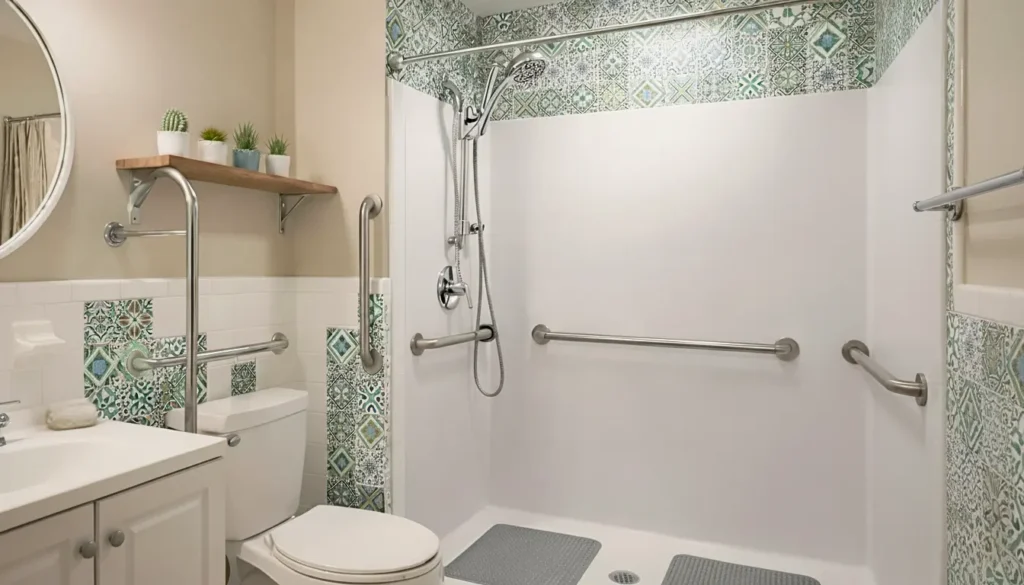 Banheiro com segurança para idosos equipado com barras de apoio, piso antiderrapante e espaço acessível