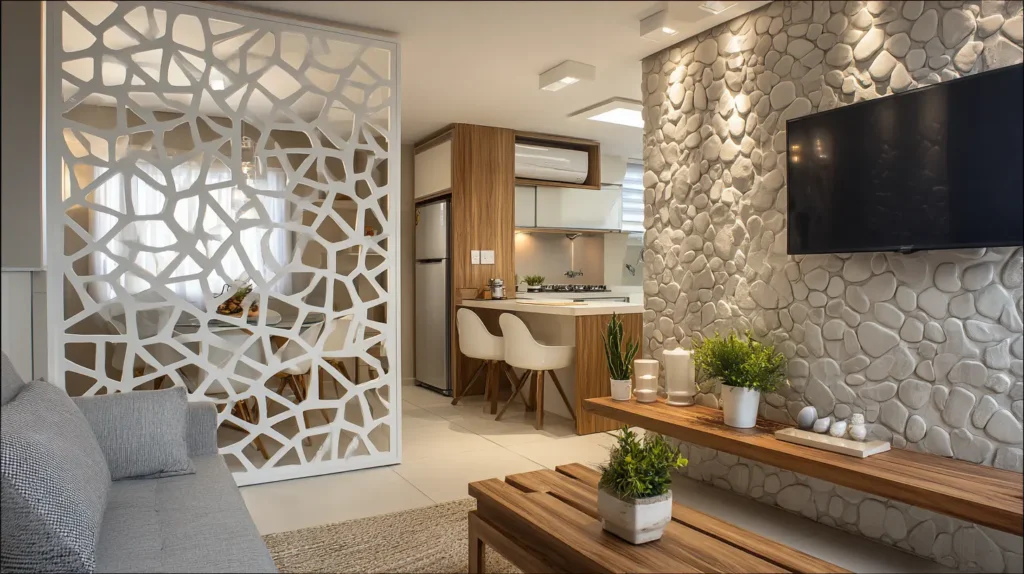 Decoração moderna com biombo cogobó na sala de estar, dividindo ambientes no living, com parede de pedras, sofá cinza, mesa de madeira e TV de tela plana.