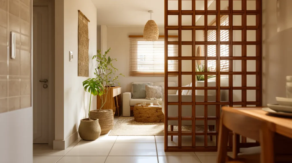 Ambiente interno com biombo muxarabi lateral de madeira, separando a sala de estar com sofá e plantas decorativas.