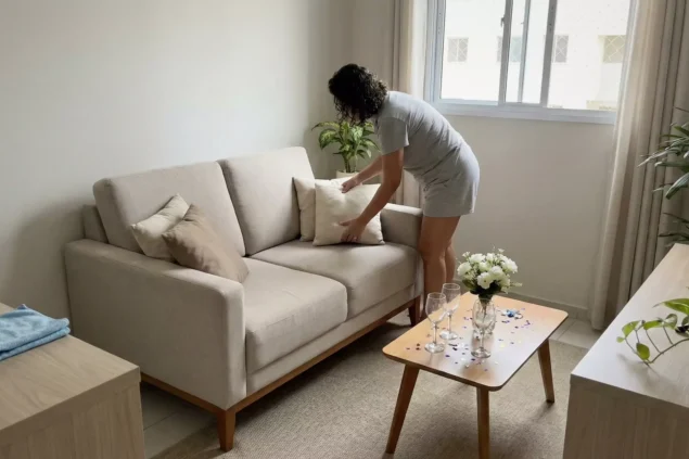 Checklist pós-festa de ano novo sendo organizado no sofá da sala, com arrumação de almofadas, limpeza e organização para o próximo dia