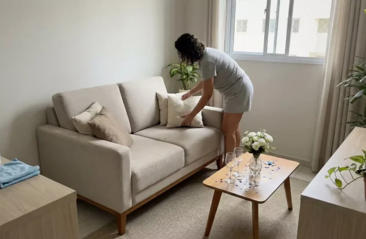Checklist pós-festa de ano novo sendo organizado no sofá da sala, com arrumação de almofadas, limpeza e organização para o próximo dia