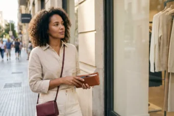 Mulher observando roupas na vitrine de uma loja, refletindo sobre compras conscientes e evitando ciladas das liquidações.