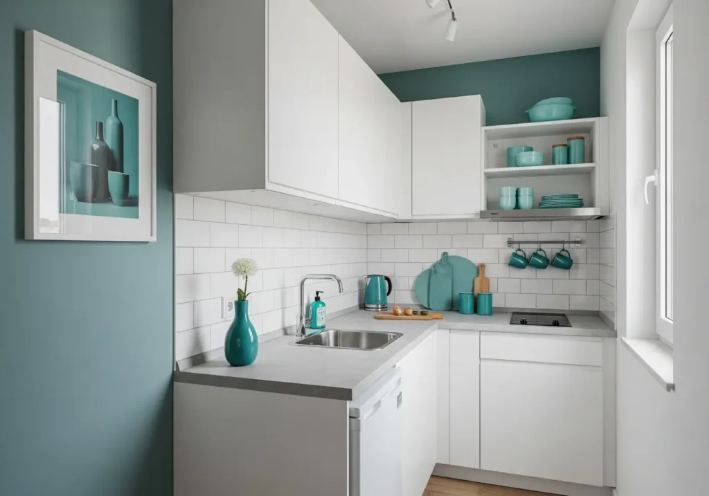 Decoração azul esverdeado na cozinha com armários brancos, paredes verdes, utensílios e acessórios decorativos na mesma tonalidade.