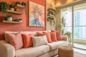 Decoração de parede atrás do sofá com quadros, prateleiras com plantas e detalhes decorativos, criando um ambiente aconchegante e elegante em sala de estar com varanda de vidro.