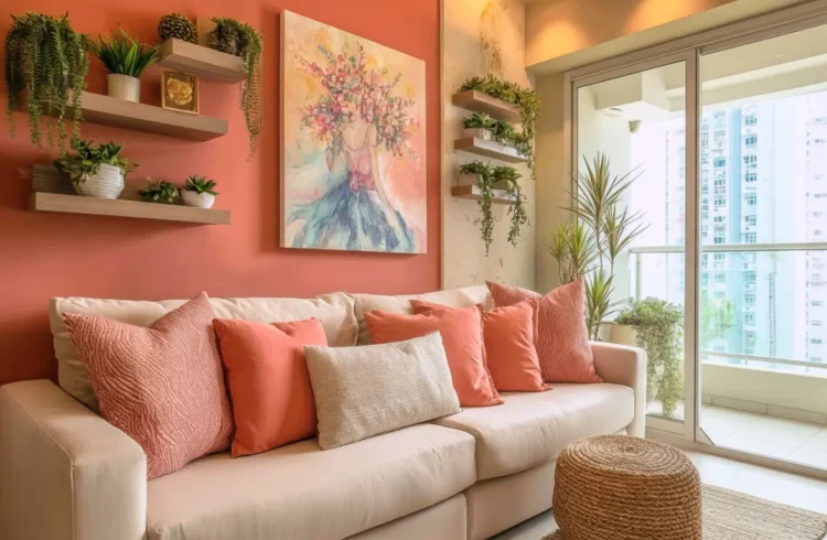 Decoração de parede atrás do sofá com quadros, prateleiras com plantas e detalhes decorativos, criando um ambiente aconchegante e elegante em sala de estar com varanda de vidro.