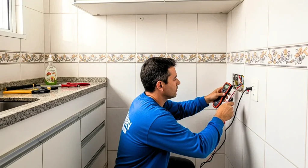 Eletricista trocando tomadas na cozinha, realizando manutenção elétrica com multímetro e ferramentas
