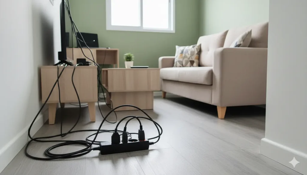 Sala de estar com vários cabos de extensão com uso excessivo, acumulados no piso e ligados a uma régua de tomada, evidenciando o uso excessivo de extensões elétricas em ambiente de casa.