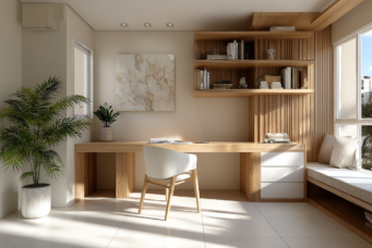 Ambiente de home office com decoração de lambri de madeira meia parede, estante de livros e espaço de trabalho moderno