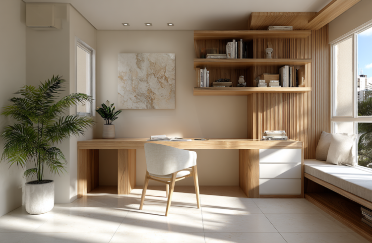 Ambiente de home office com decoração de lambri de madeira meia parede, estante de livros e espaço de trabalho moderno