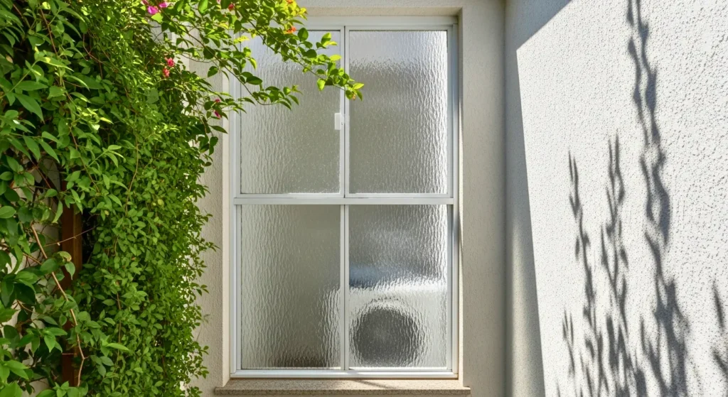 porta com vidro canelado instalada área externo, rodeada por vegetação verde