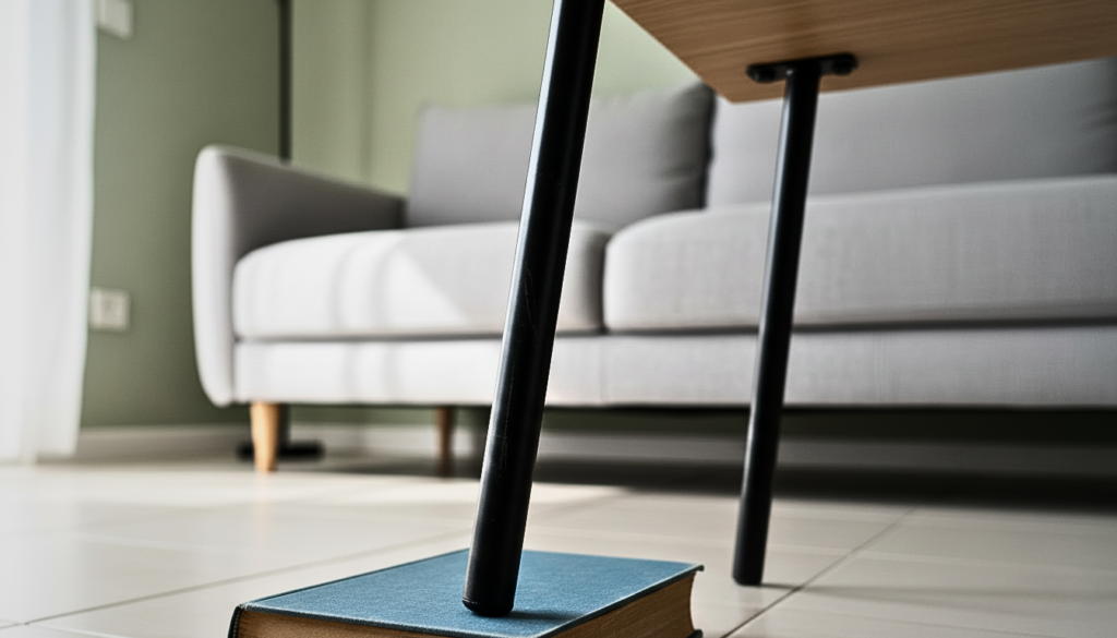 Gambiarra pé de mesa improvisada usando um livro e um pé de metal