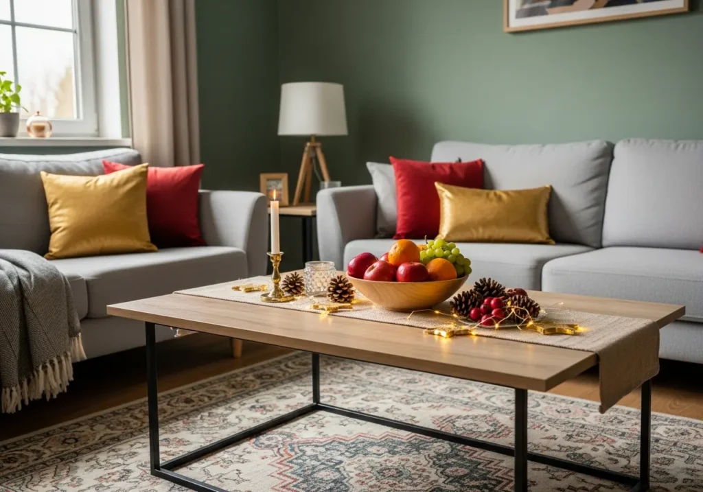 Mesa de centro com frutas natalinas decorativas, incluindo maçãs, uvas, cerejas e pinhas