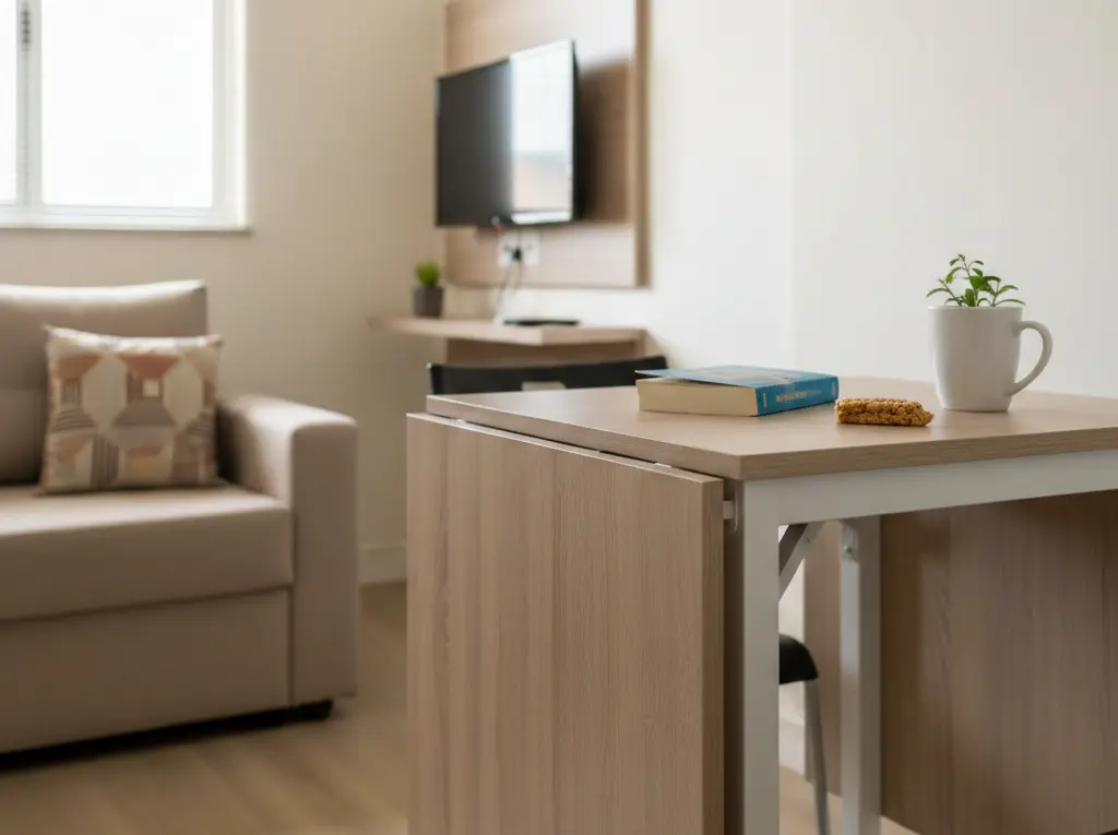 Mesa dobrável em um ambiente de sala de estar moderna, com detalhes de decoração e televisão ao fundo. Tipo de móvel multifuncional para uma tiny house.