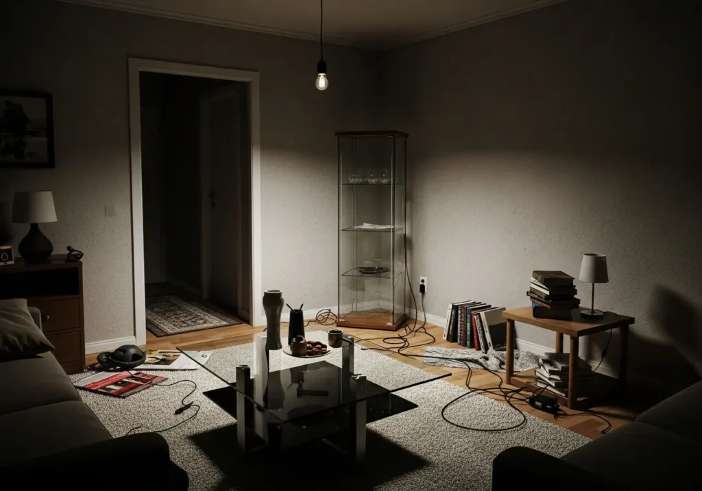 Apartamento pequeno pouco iluminado com iluminação fraca, móveis simples e iluminação de um único ponto de luz