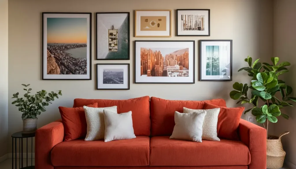Decorar a parede atrás do sofá com um quadro com fotos artísticas e composições de quadros para um ambiente acolhedor e moderno.