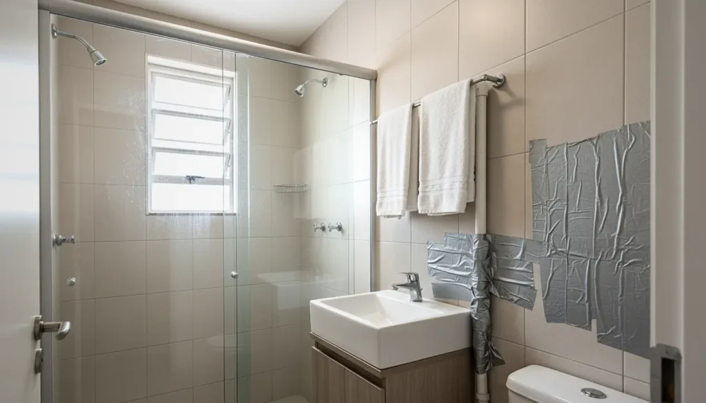 Remendado com fita adesiva na parede, apresentando reparo improvisado 