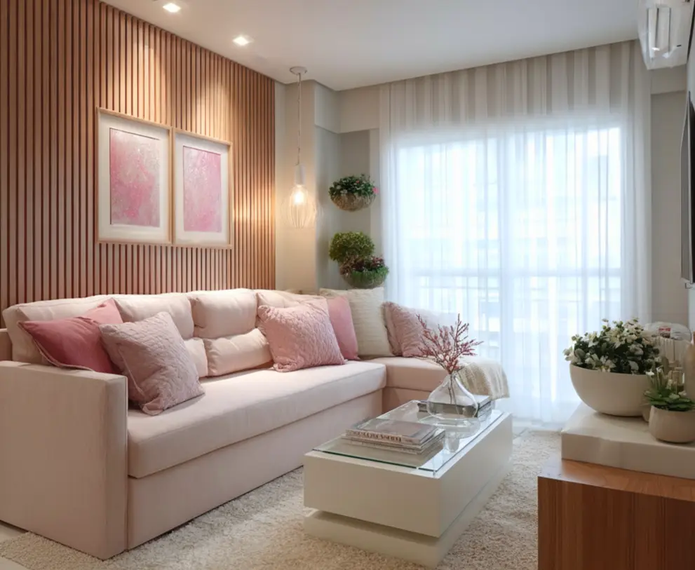 Sala de estar decorada com revestimento de madeira e texturas que criam profundidade, com sofá branco, almofadas rosa, plantas e iluminação suave.