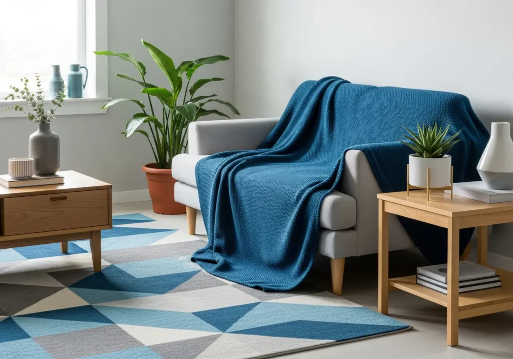 Decorada com azul petróleo com sofá, plantas, tapete geométrico azul, bege e branco, vidro e objetos de decoração