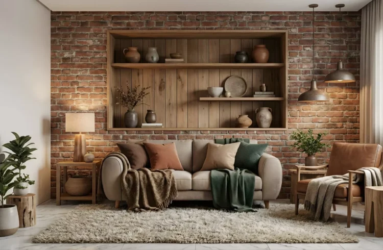 Sala de estar com decoração de estilo montanhês, featuring detalhes em madeira, cores terrosas, almofadas confortáveis, iluminação quente e ambiente acolhedor.