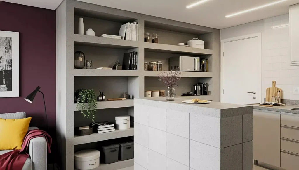 Nichos de concreto moderna em uma decoração de cozinha e sala de estar, com design minimalista