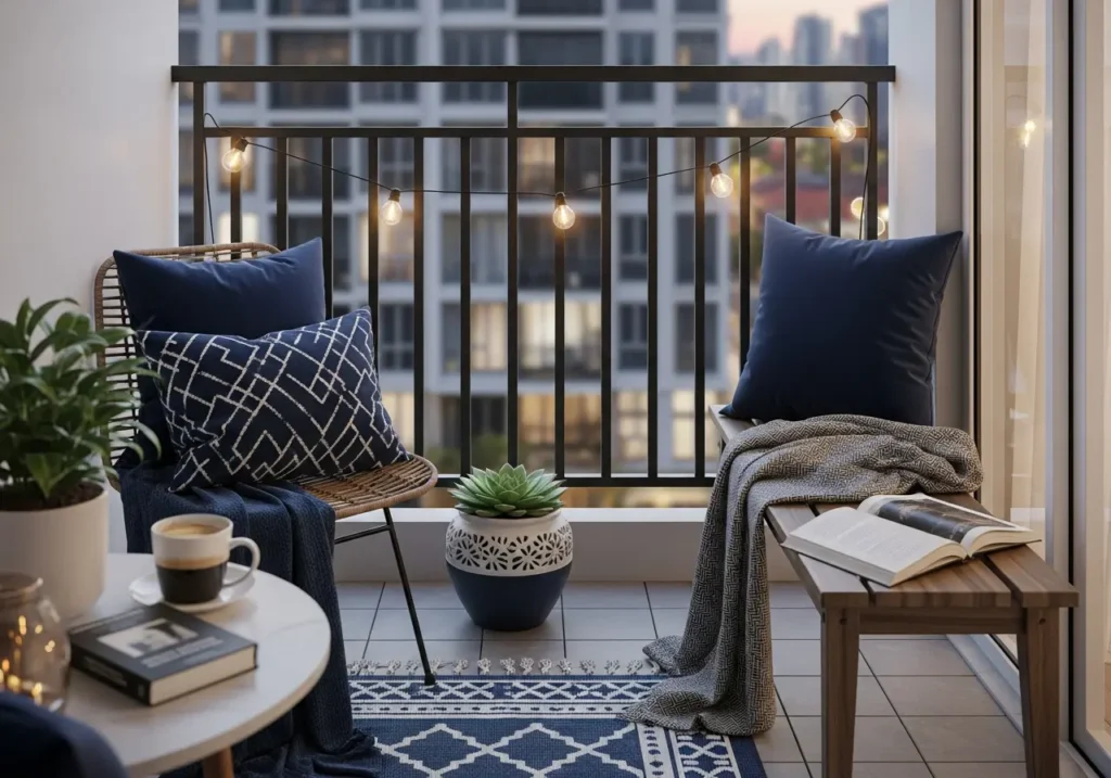 Decoração blue navy, incluindo almofadas, luzes de bistrô, plantas e uma decoração moderna