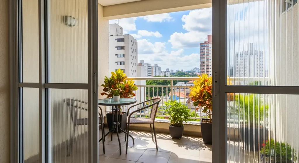 Porta canelada para varanda com vista urbana, com área de lazer personalizada com mesa e cadeiras