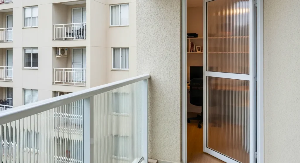 Varanda com porta canelada de vidro, vista para prédio residencial, espaço compacto e bem iluminado
