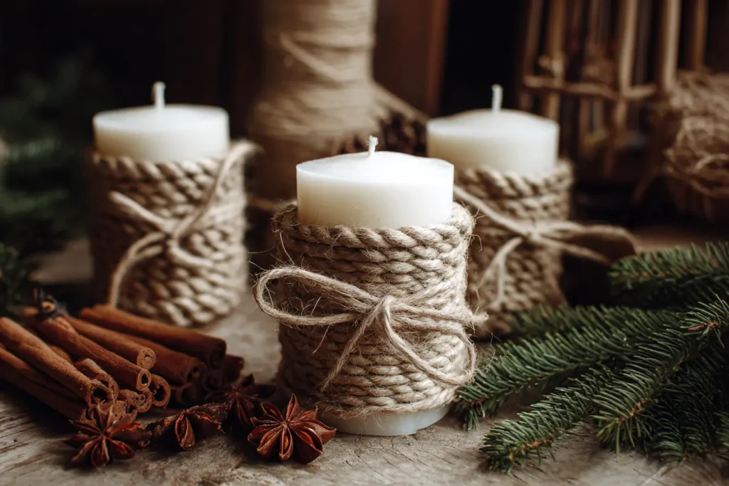 Velas brancas em mesa de centro natal decorada com galhos de pinheiro, especiarias como canela em pau e estrelas de anis