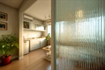 Decoração com vidro canelado em ambiente interno, destacando a textura vertical na porta de vidro, que acrescenta elegância e modernidade ao espaço.
