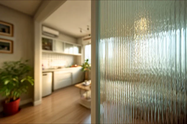 Decoração com vidro canelado em ambiente interno, destacando a textura vertical na porta de vidro, que acrescenta elegância e modernidade ao espaço.