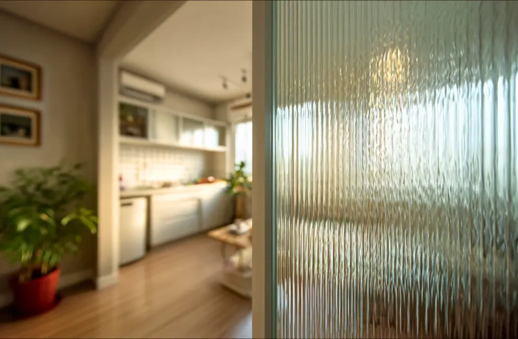 Decoração com vidro canelado em ambiente interno, destacando a textura vertical na porta de vidro, que acrescenta elegância e modernidade ao espaço.