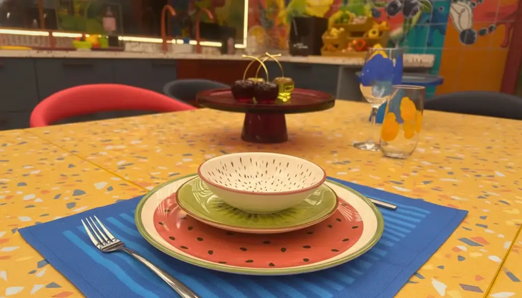 Conjunto de bowls decorativos com tema de melancia, sobre uma mesa colorida, ideal para decoração dopamina e refeições divertidas.