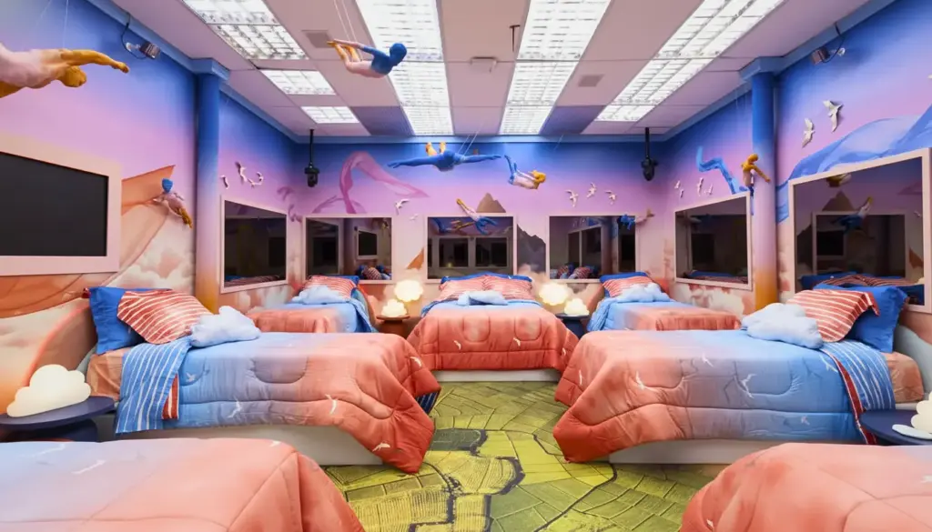 Decoração do BBB 26, com camas bem decoradas, paredes coloridas. Quarto do BBB 2026.