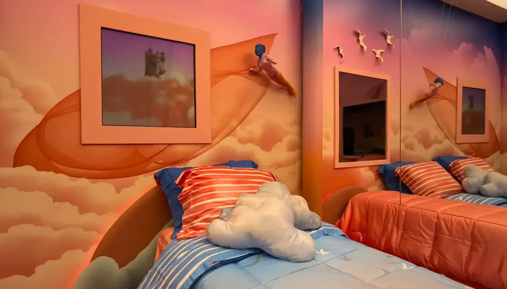 Quarto BBB26 sonho de voar com decoração temática de nuvens, aviões e aviadores, lúdico e colorido