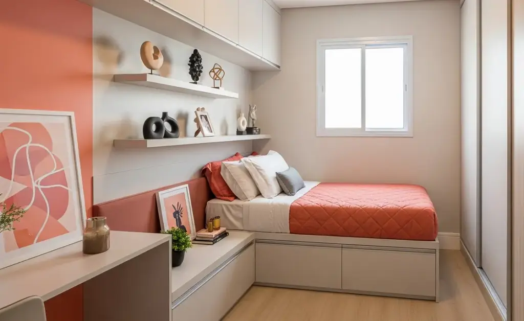 Quarto com prateleiras flutuantes que proporcionam sensação de leveza e modernidade, decorando a parede atrás da cama com objetos decorativos e livros.