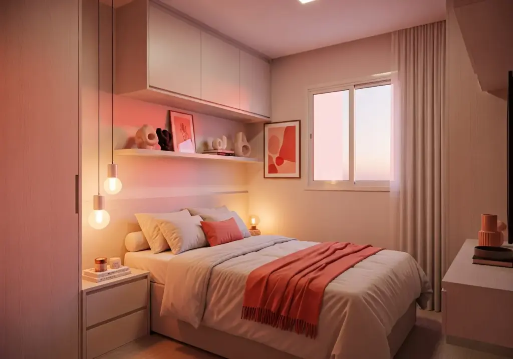 Luminárias pendentes em tom coral e pêssego, decorado com arte moderna, iluminação suave, cama com roupa em cores quentes