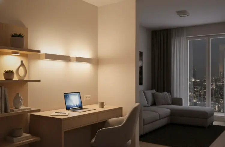 Espaço home-office com arranjos de arandelas que fornecem uma iluminação aconchegante e elegante