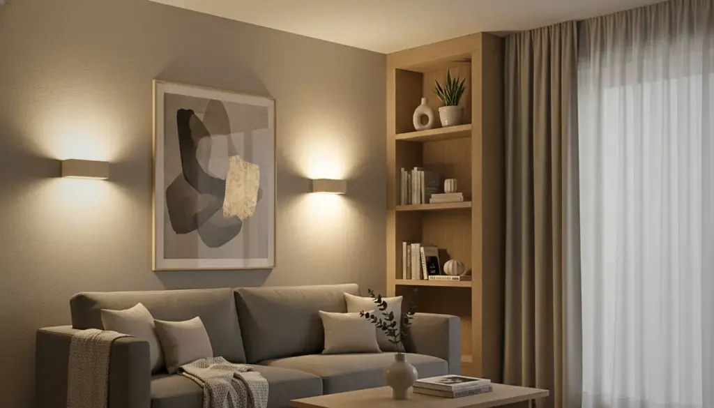 Sala de estar moderna com sofá cinza, almofadas brancas, iluminação suave, parede decorada com quadro abstrato e estante de madeira com livros e plantas