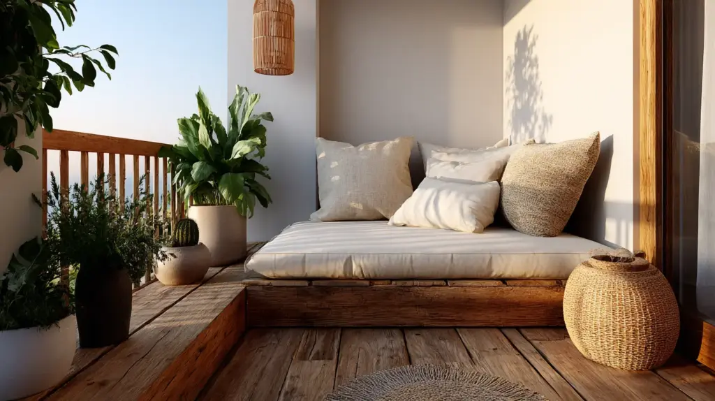 Ambiente com uma cama tatame no varanda, decorada com almofadas, plantas e iluminação natural, ideal para relaxar e desfrutar de momentos de conforto.