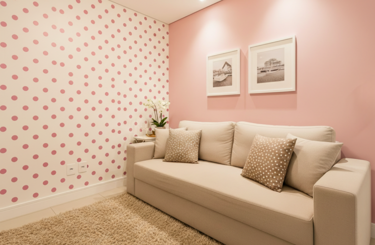 Decoração de sala com parede de poás rosa, sofá confortável e adereços decorativos, criando um ambiente aconchegante e delicado.