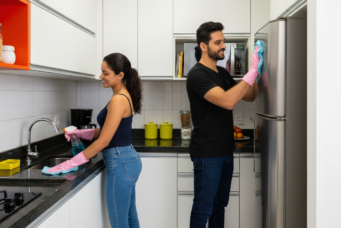 Casal realizando a limpeza na cozinha de seu apartamento. A mulher está limpando a bancada, enquanto o homem limpa a geladeira.
