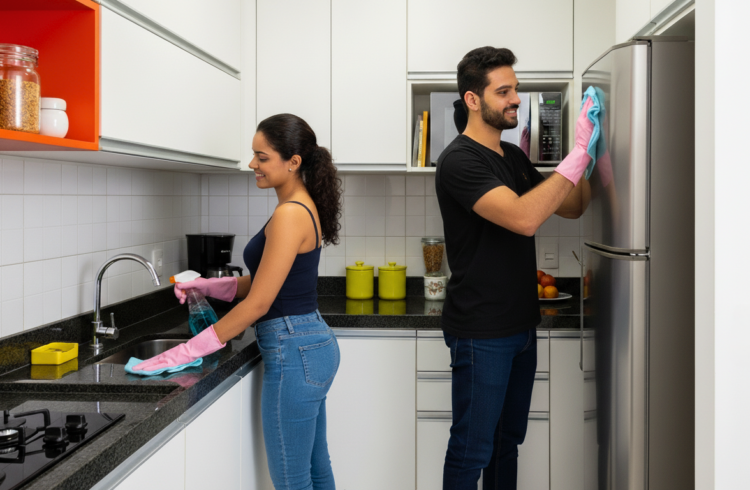 Casal realizando a limpeza na cozinha de seu apartamento. A mulher está limpando a bancada, enquanto o homem limpa a geladeira.