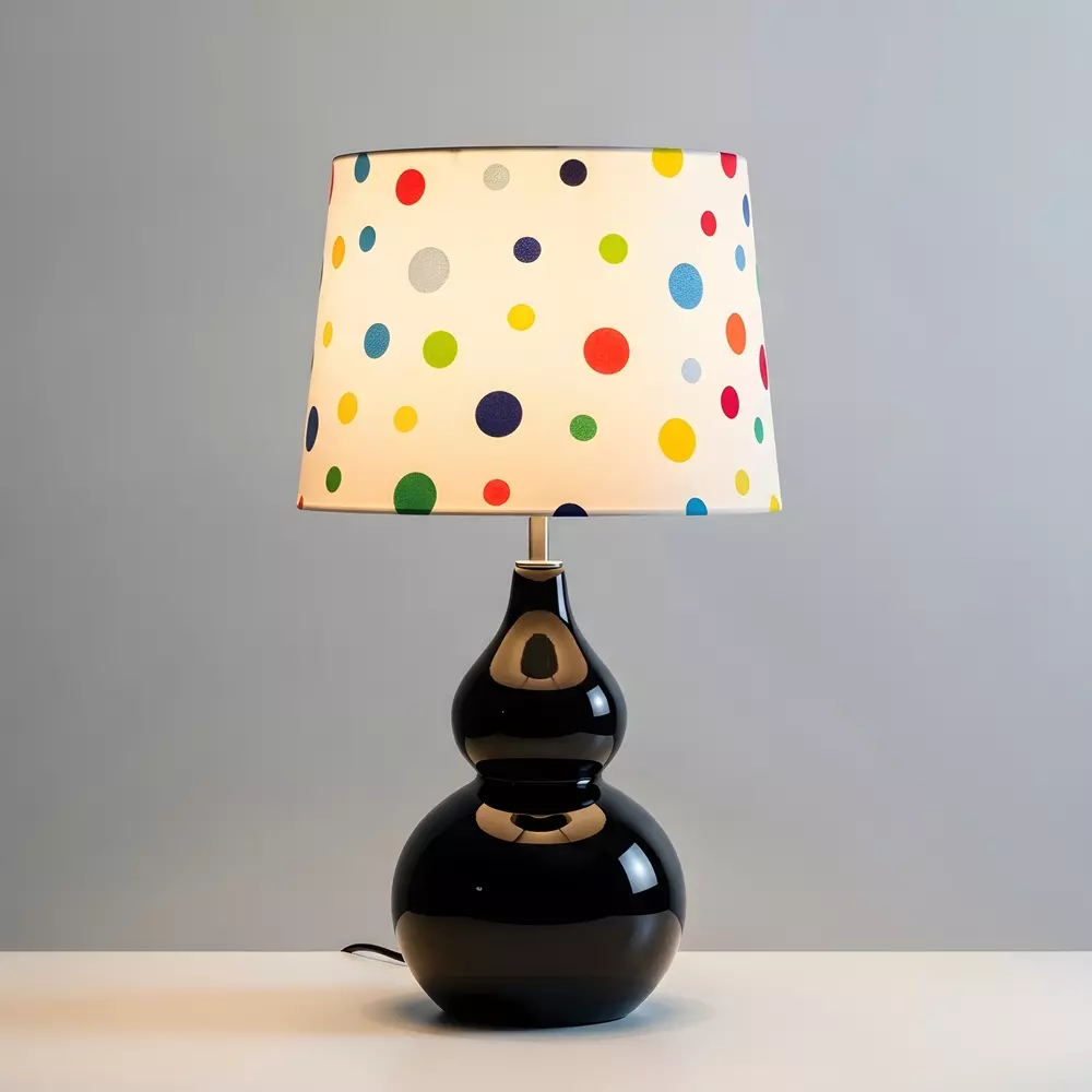 Luminária decorativa com base preta de vidro e abajur com estampa de bolinhas coloridas em fundo cinza claro.