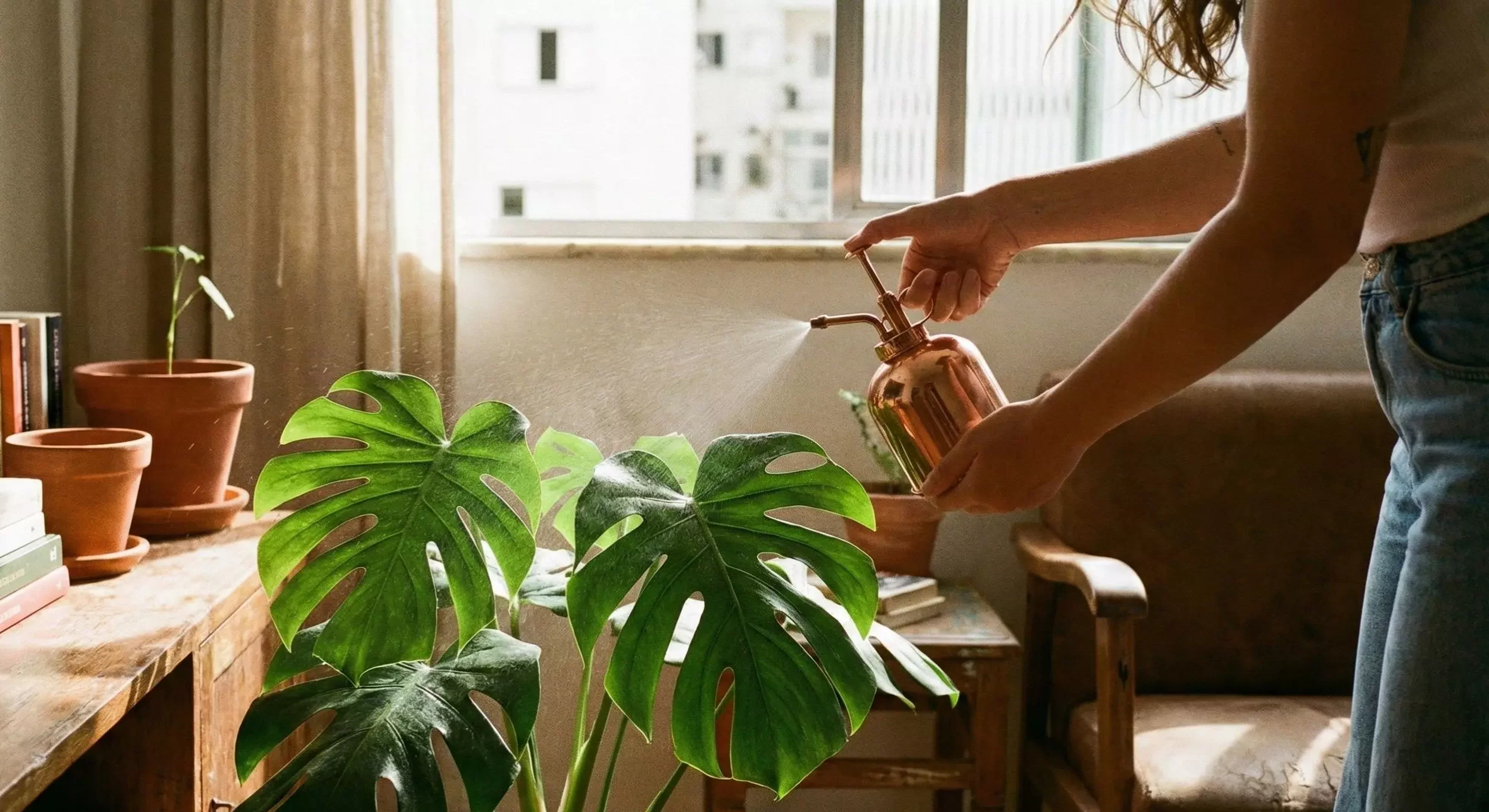 Cuidados com plantas em casa, incluindo adubação leve e borrifação de água para manter as folhas saudáveis e refrescadas.