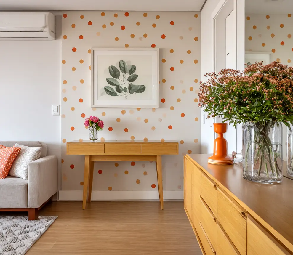 Hall de entrada decorado com papel de parede poá em tons de laranja e bege, com vaso de flores coloridas em uma mesa de madeira clara.