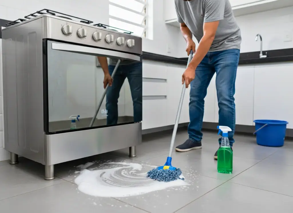 Um homem limpando com um esfregão o piso de sua cozinha e também a parte debaixo do fogão.