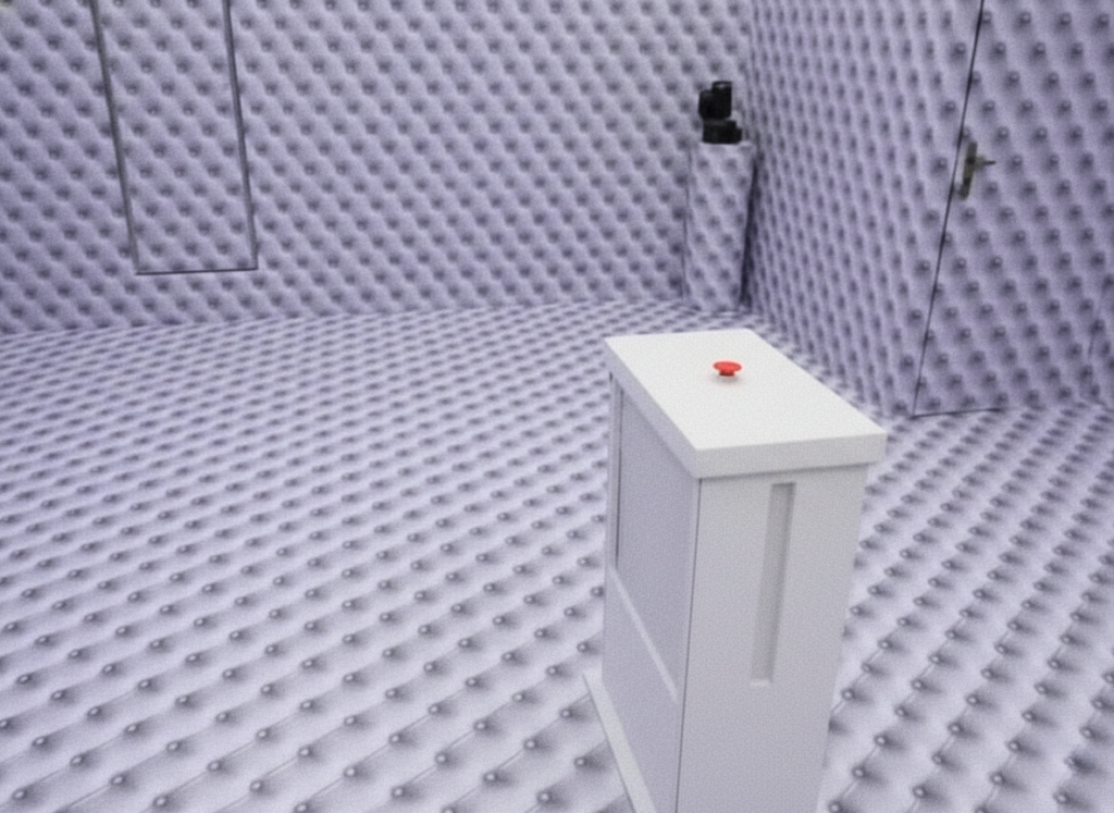 Quarto branco do BBB 26. Com paredes brancas acolchoadas e no meio uma plataforma retangular com um botão vermelho.