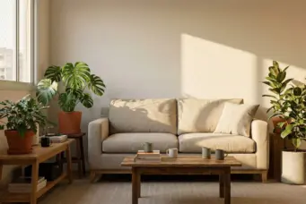 Sala com várias plantas em apartamentos com ambientes quentes, incluindo uma nossa de sofá, uma de canto e uma de canto, ideal para quem busca plantas resistentes ao calor.