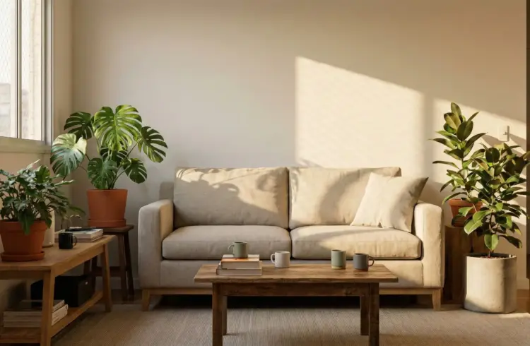 Sala com várias plantas em apartamentos com ambientes quentes, incluindo uma nossa de sofá, uma de canto e uma de canto, ideal para quem busca plantas resistentes ao calor.