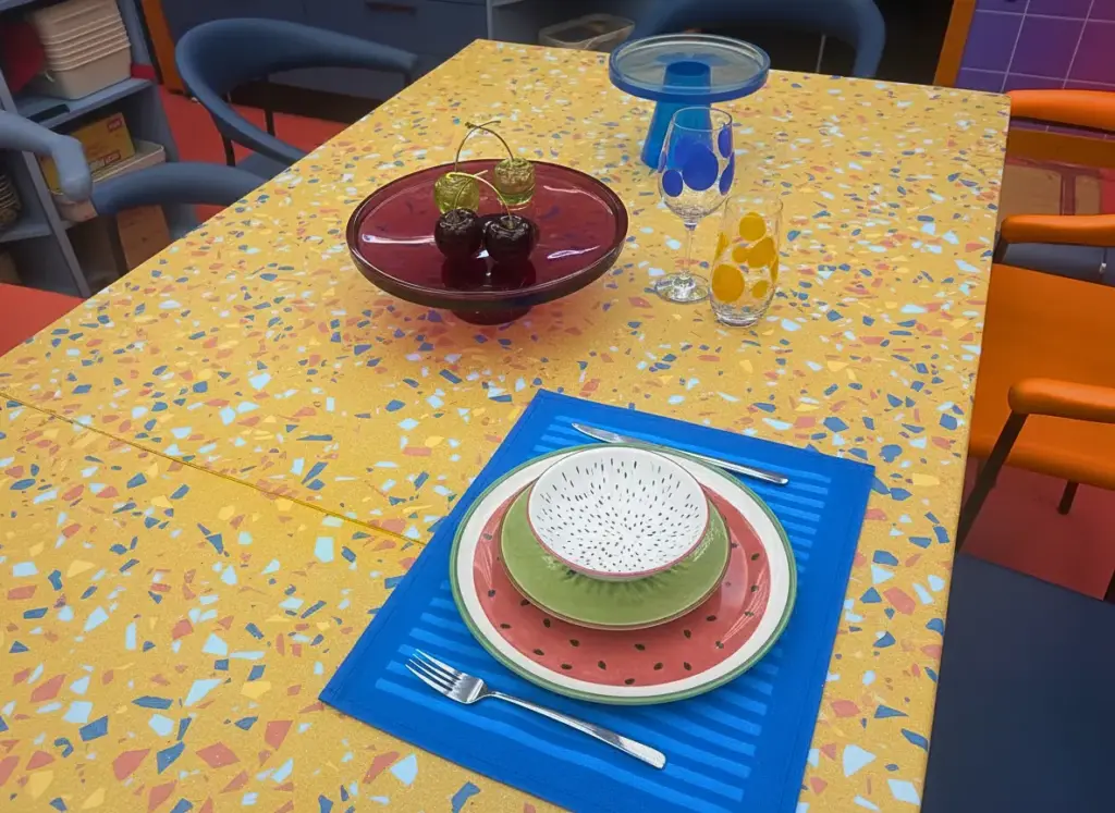 Mesa decorada com louças coloridas e taças decorativas, destaque para o tema da edição BBB26.